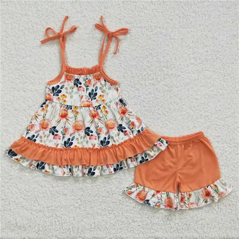 z95-04 GSSO0194 Wholesale kids clothes girl Summer clothing Orange Flowers suspender shorts Set boutique baby girls clothes