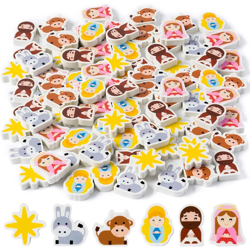 60Pcs Christmas Nativity Mini Bulk Erasers Religious Bible Cartoon Pattern Eraser Classroom Reward Game Prizes Christian Party