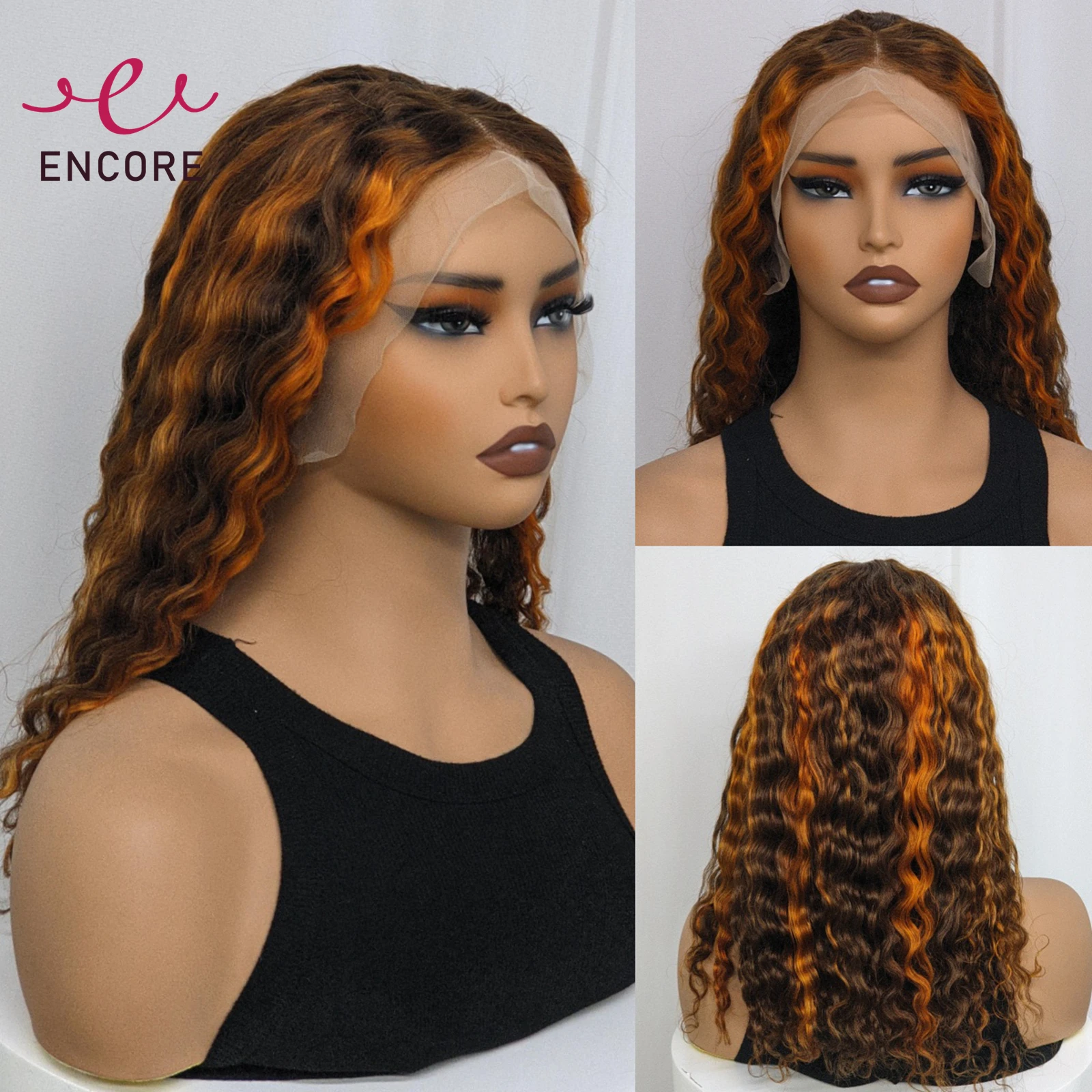 

P4-350 Color 200% Density 16 Inch Human Hair Wig Transparent 13x4 Lace Frontal Bob Wigs Water Wave Curly Brazilian Remy Hair Wig