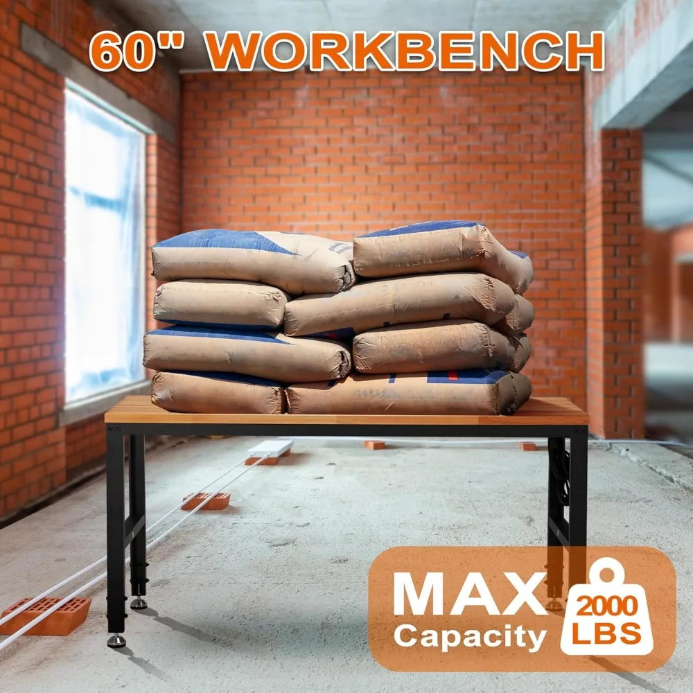 منضدة عمل جراج قابلة للتعديل مقاس 60 × 22 مع سطح خشبي مطاطي، ومنافذ طاقة، وسعة 2000 رطل، وطاولة عمل شديدة التحمل