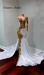 White Mermaid Prom Dresses Black Girls Gold Beads Crystal Split One Shoulder Long Sleeves 2025 Birthday Luxury Dress Customized