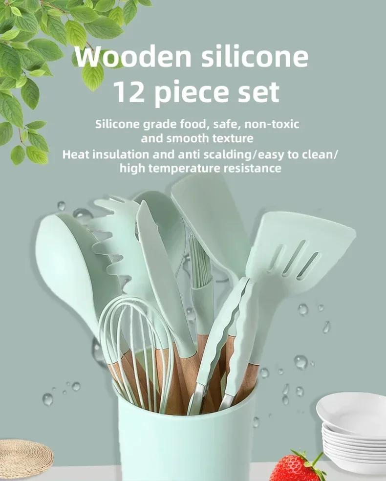 12-piece Set Wooden Handle Silicone Kitchen Utensils Silicone Kitchen Utensils Non-stick Pan Cooking Spatula Baking Storage Tool