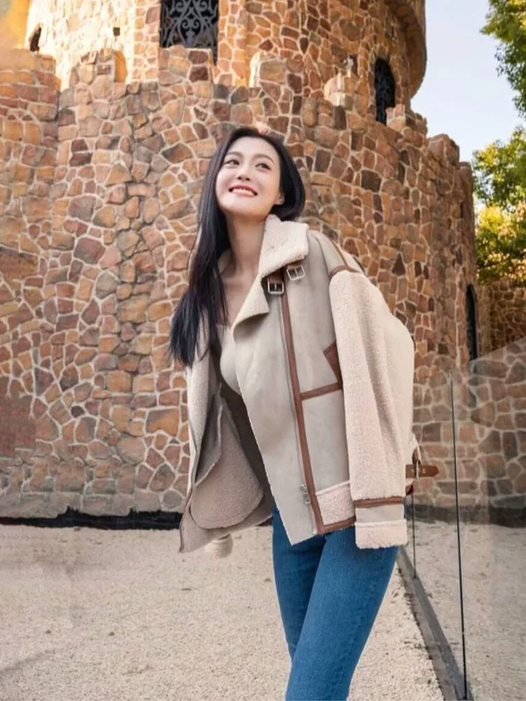 

HH Woman Fashion Long Sleeves Lapel Pocket Splicing Decoration Diagonal Zipper Jacket Female Winter Street Style Casual Coat