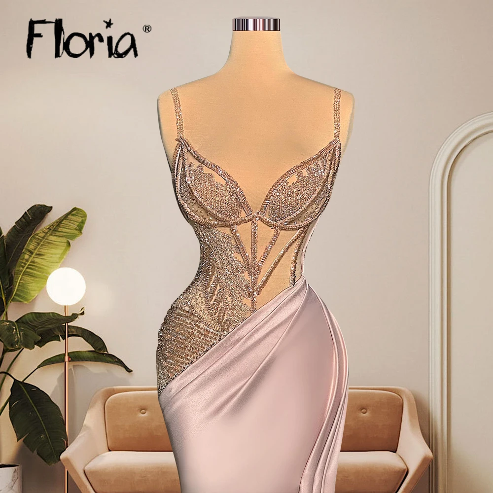 2023 Spaghetti Straps Party Dress Pink Full Beaded Formal Prom Gowns For Women Luxury Celebrity Gown Evening Dress Custom Made