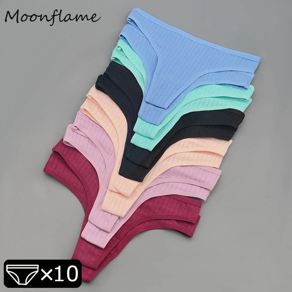 Moonflame 10PCS Sexy Soft Striped Underpants Solid Color Thongs Female Comfortable Lingerie Women's Cotton Panties