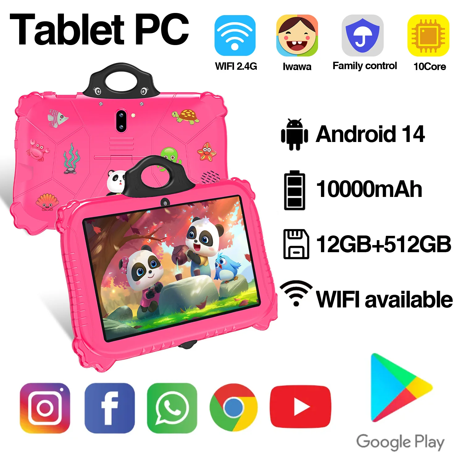 

New Panda Android14 10.1-inch Kids Tablet 4K HD Screen 12GB RAM 512GB ROM 10000mAh Bluetooth5.0 5G WIFI Travelling Easy to Carry