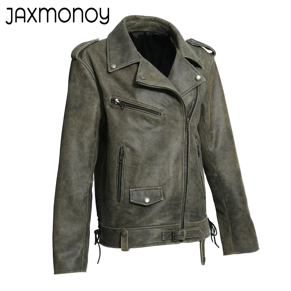 Jaxmonoy-Chaqueta de cuero auténtico para mujer, abrigo holgado de alta calidad, a la moda, para primavera y otoño, novedad de 2024