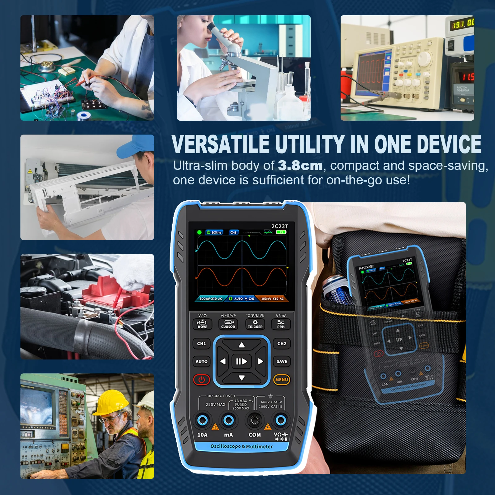 2C23T 3 in 1 Oscilloscope Multimeter DDS Generator, 2 Channels, 10MHz Bandwidth, 50MSa/s Sampling Rate,9999 Counts, AC&DC Meter