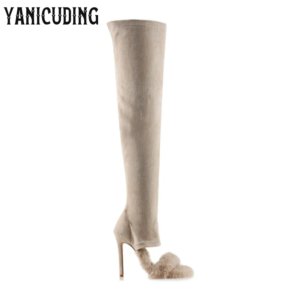 Faux Furr over the Knee Boots Peep Toe Slip on Women Boots Multicolor Faux Fur Stretch Boots Fashion Style Open Toe Women Boots