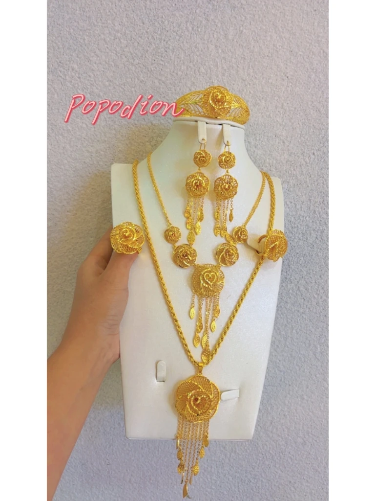 

Popodion New Dubai 24K Gold Plated Jewelry Flower Necklace Ring Women's Earrings Bracelet Bridal Wedding Jewelry YY10379