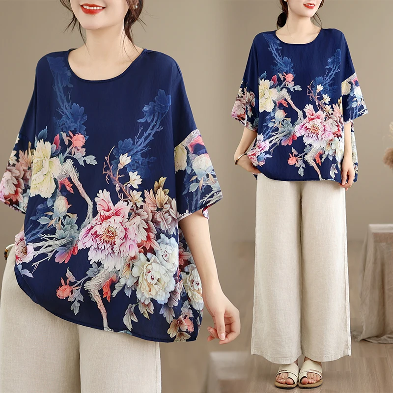 

Loose Cotton Linen Base Shirt round Neck T-Shirt Women's Fashion Summer 2026 Ethnic Style Short Sleeve Printed Top