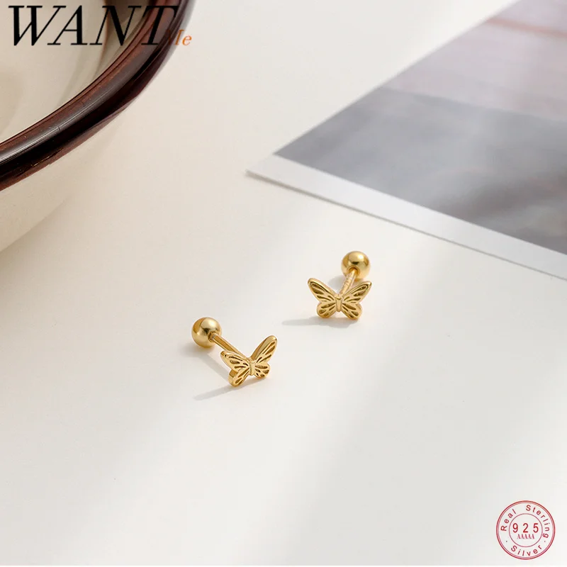 WANTME 925 Sterling Silver Cute Sweet Butterfly Screw Beads Piercing Ear Bone Stud Earrings for Women Fashion Girl Party Jewelry
