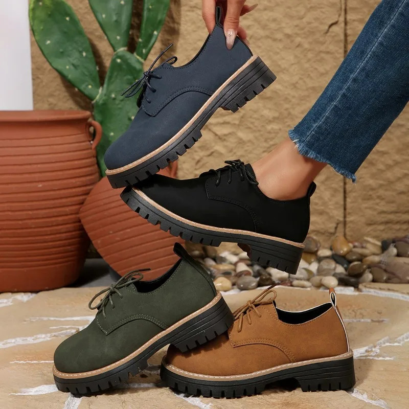 

Strappy Block Heel Single Fall 2025 New Round Toe Paneled Suede Platform Non-slip Loafers