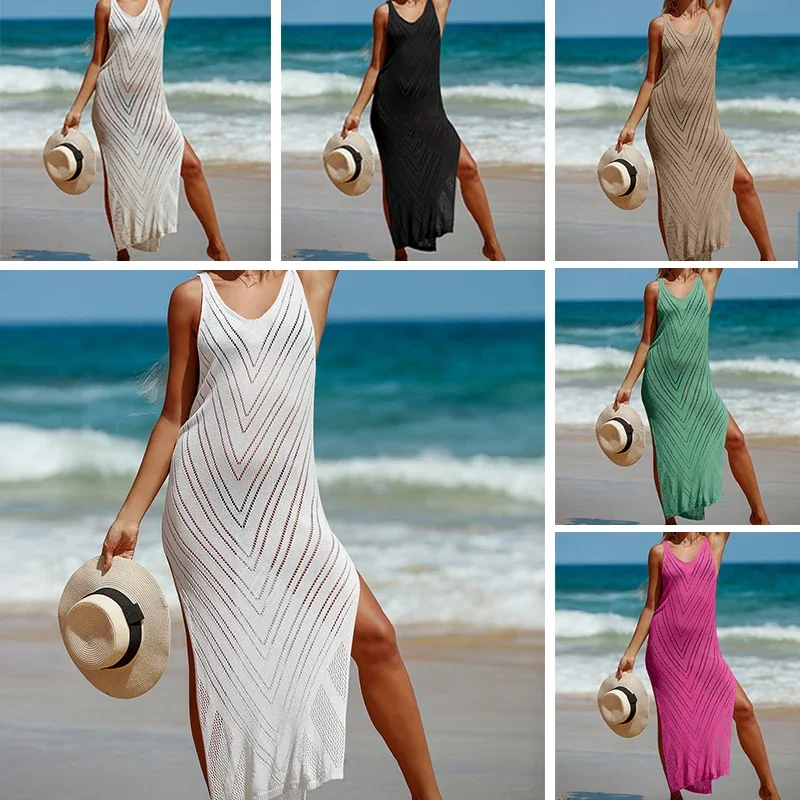 BWQ Casual  Women Dresses  Texture  Knitted  Long-Style  Sleeveless High Slit Beach Vacation Dresses For Women