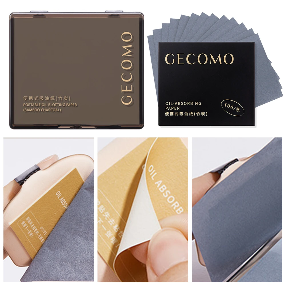100 Sheets Oil Absorbent Paper with Case & Powder Puff Oil Absorbing Sheets Bamboo Charcoal Face Blotting Paper for Oily Skin