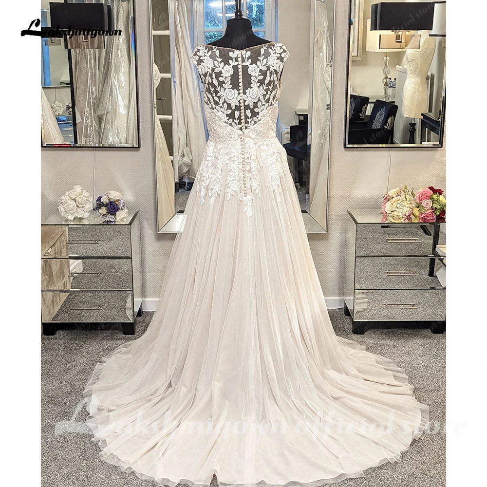 Lakshmigown Tulle Lace Appliques A-Line Wedding Dresses Sweep Train Custom Made Floor-Length V-Neck Sleeveless Bridal Gowns