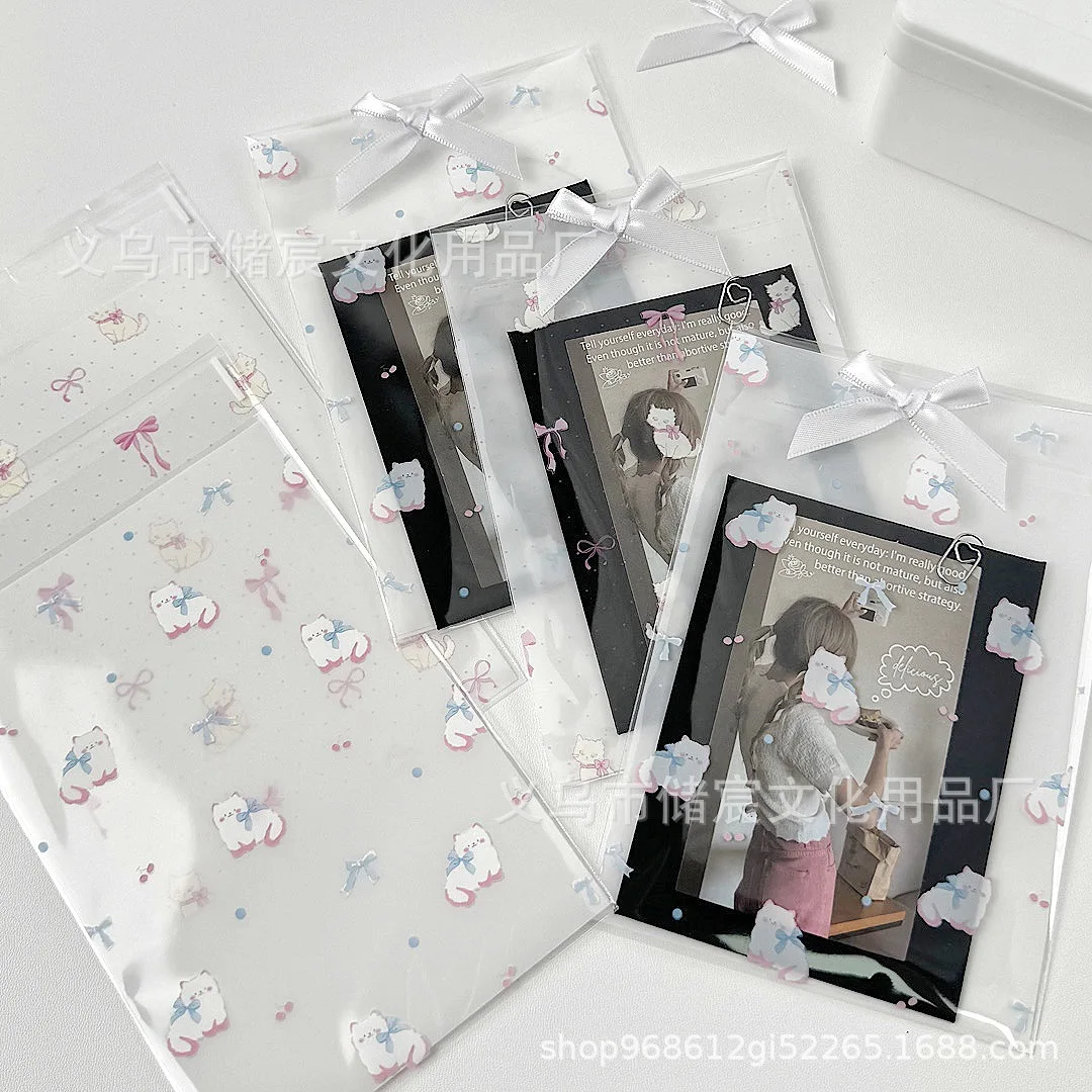 50Pcs Cute Cartoon Bow Cat Self-adhesive Bags KPOP Idol 3-inch Photocard Packing Bag Gift & Business Jewelry Sticker Packaging