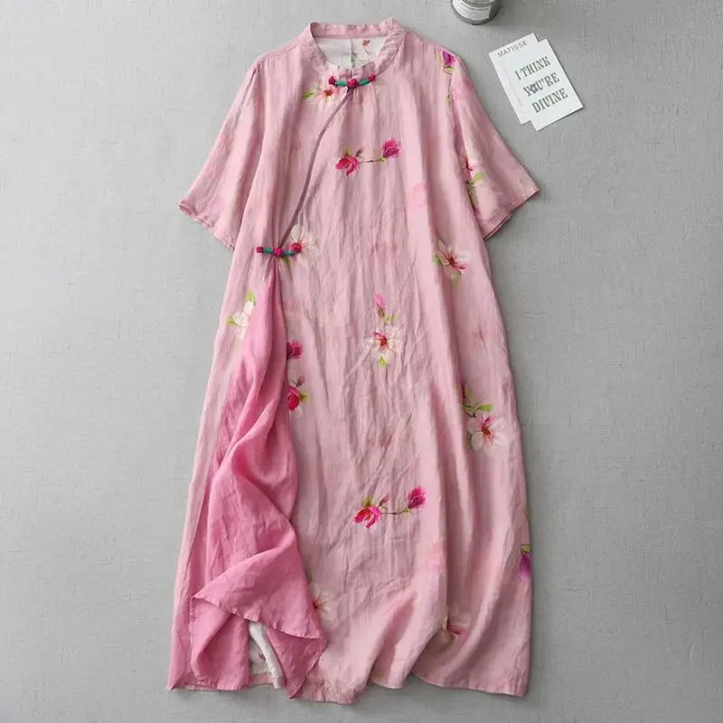 

Summer cotton and linen floral dress, oversized to cover the belly and show slimness, improved qipao long skirt