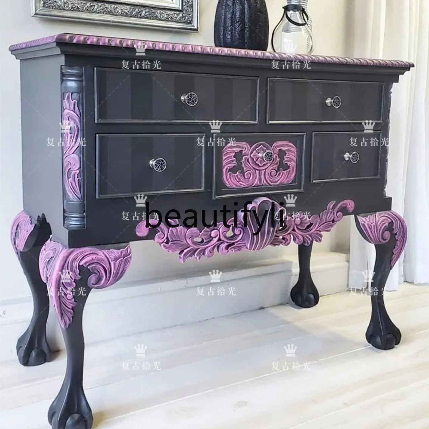 

D80 Vintage French retro solid wood carving flower porch American dining side chest cabinet living room storage decorative cabin