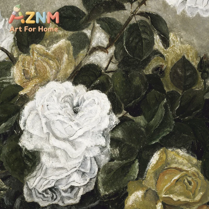 Flower Still Life Oil Painting Canvas Prints Yellow White Roses Green Leaves Vintage Poster Gallery Wall Art Pictures Home Decor