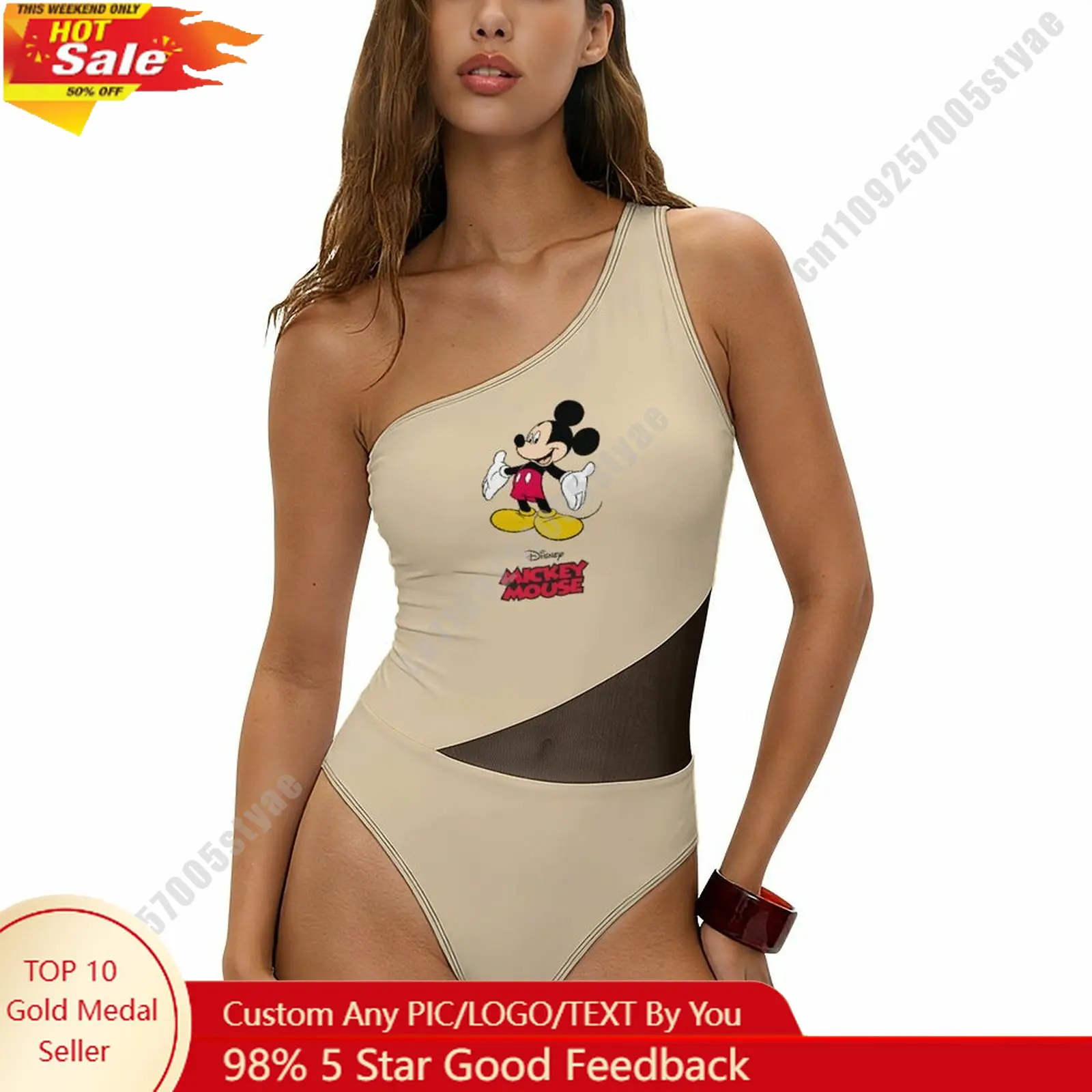 

Mickey Mouse Swimwear Disney Cartoon Women Mesh One Piece Swimsuit Summer Fashion Beachwear Tummy Control One Shoulder Swimsuit