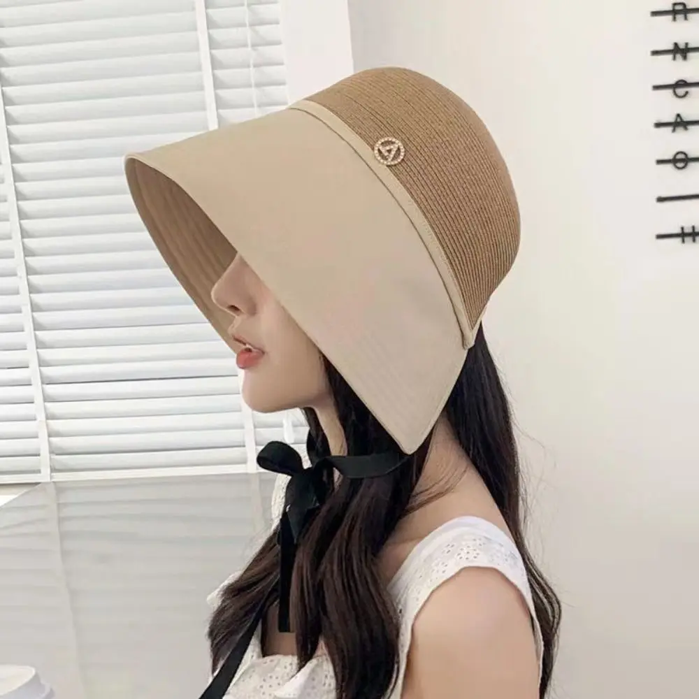 

Breathable Shade Sun Caps Foldable Bucket Hat Stripe Wide Brim Straw Hat Summer Weave Sunscreen Bucket Hat Apparel Accessories