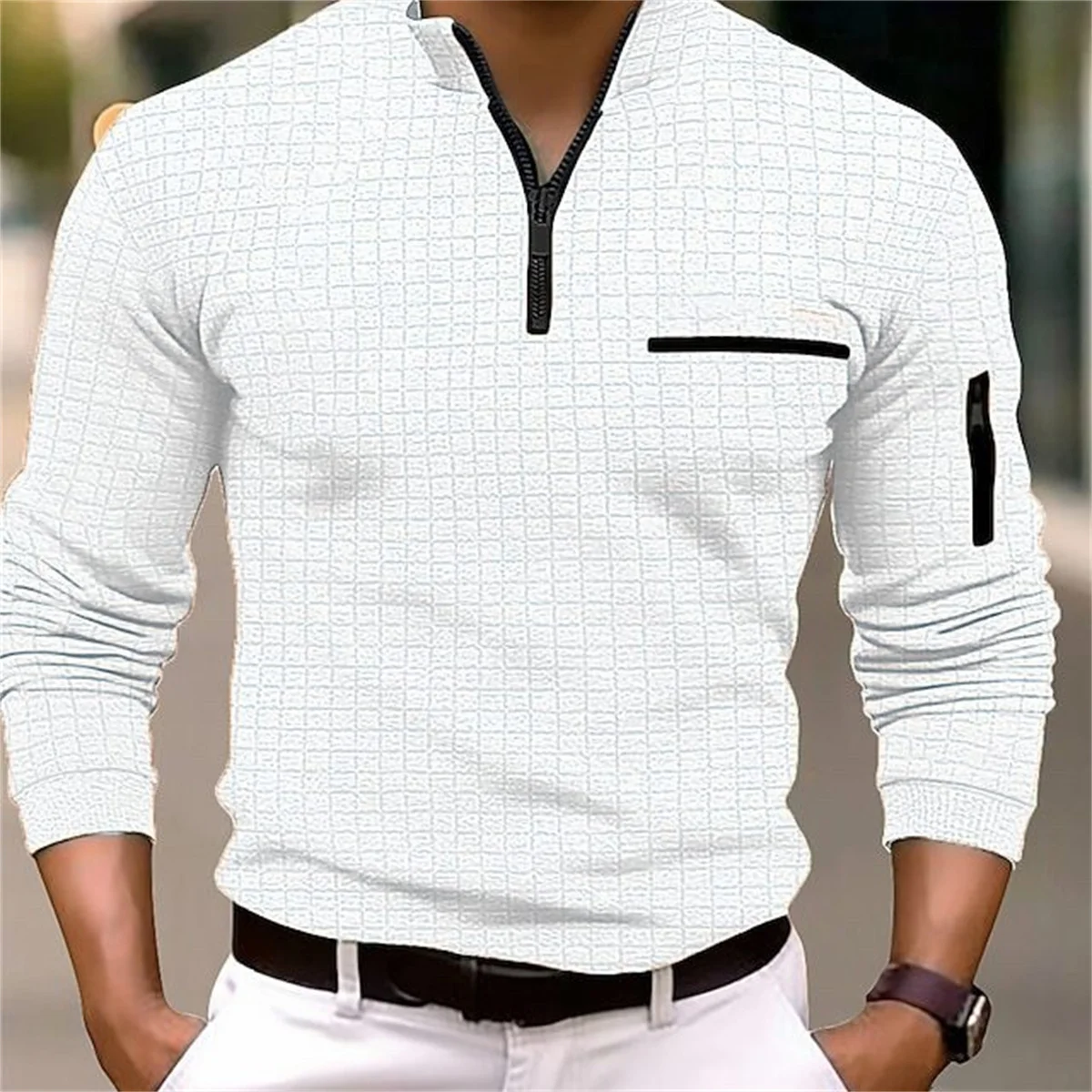 Men\'s Spring and Autumn Outdoor Street Casual Long Sleeve Fake Pocket Arm zipper Design Checkerboard Checkered POLO shirt