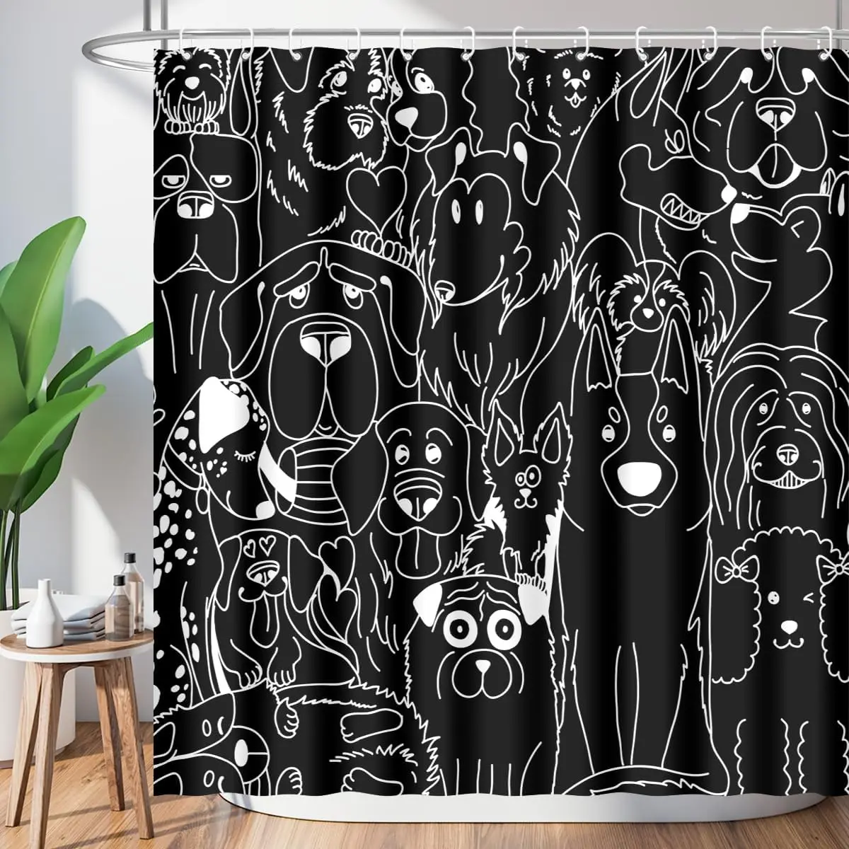 Funny Cute Dog Shower Curtain Cartoon Sketch Black and White Lovely Pet Animals Silhouette for Kids Black Simple Happy Bathroom