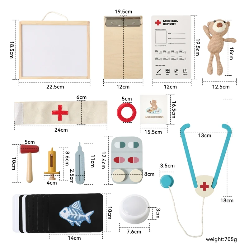 El conjunto médico de simulación Montessori está completo con una jeringa de termómetro de estetoscopio y otros artículos, el diseño es mini y lindo