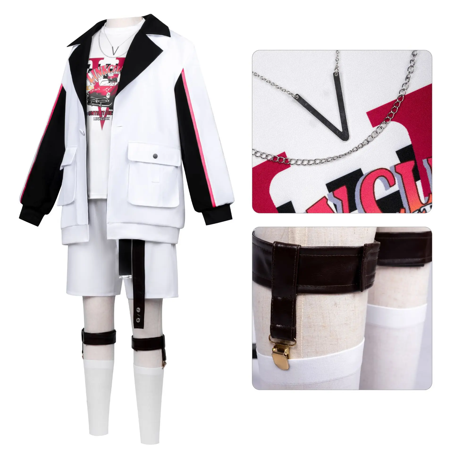 أنيمي لينك انقر تأثيري l لي Tianchen Tianxi تأثيري حلي موحدة شعر مستعار الأبيض الفرقة هوديي تنورة السراويل هالوين للرجل المرأة