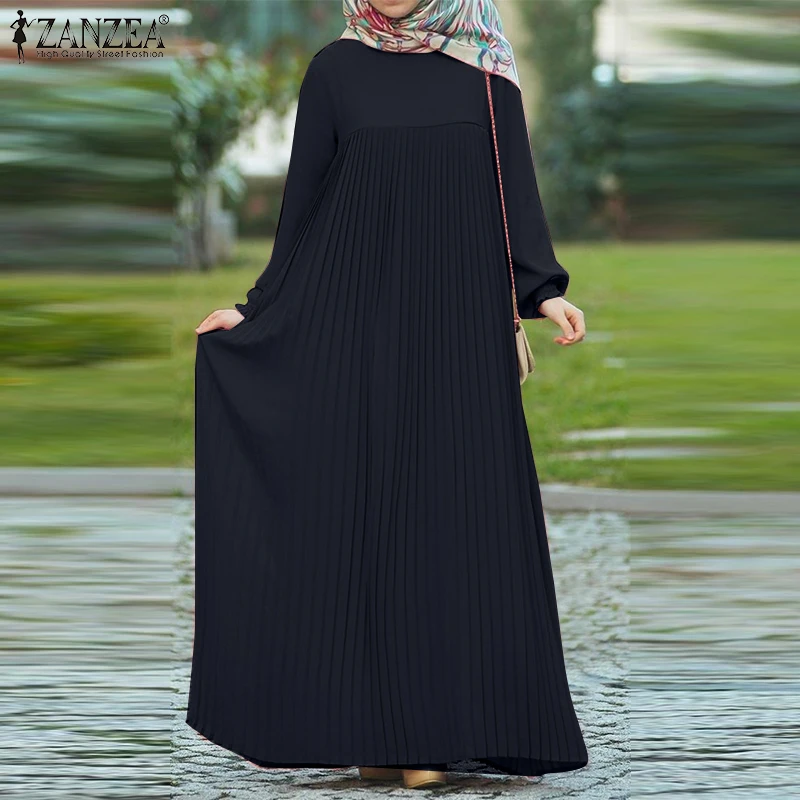 Eid Mubarek Muslim Abaya Dress ZANZEA Women Long Sleeve Solid Pleated Sundress Ramadan Robe Femme Loose IsIamic Clothing Kaftan