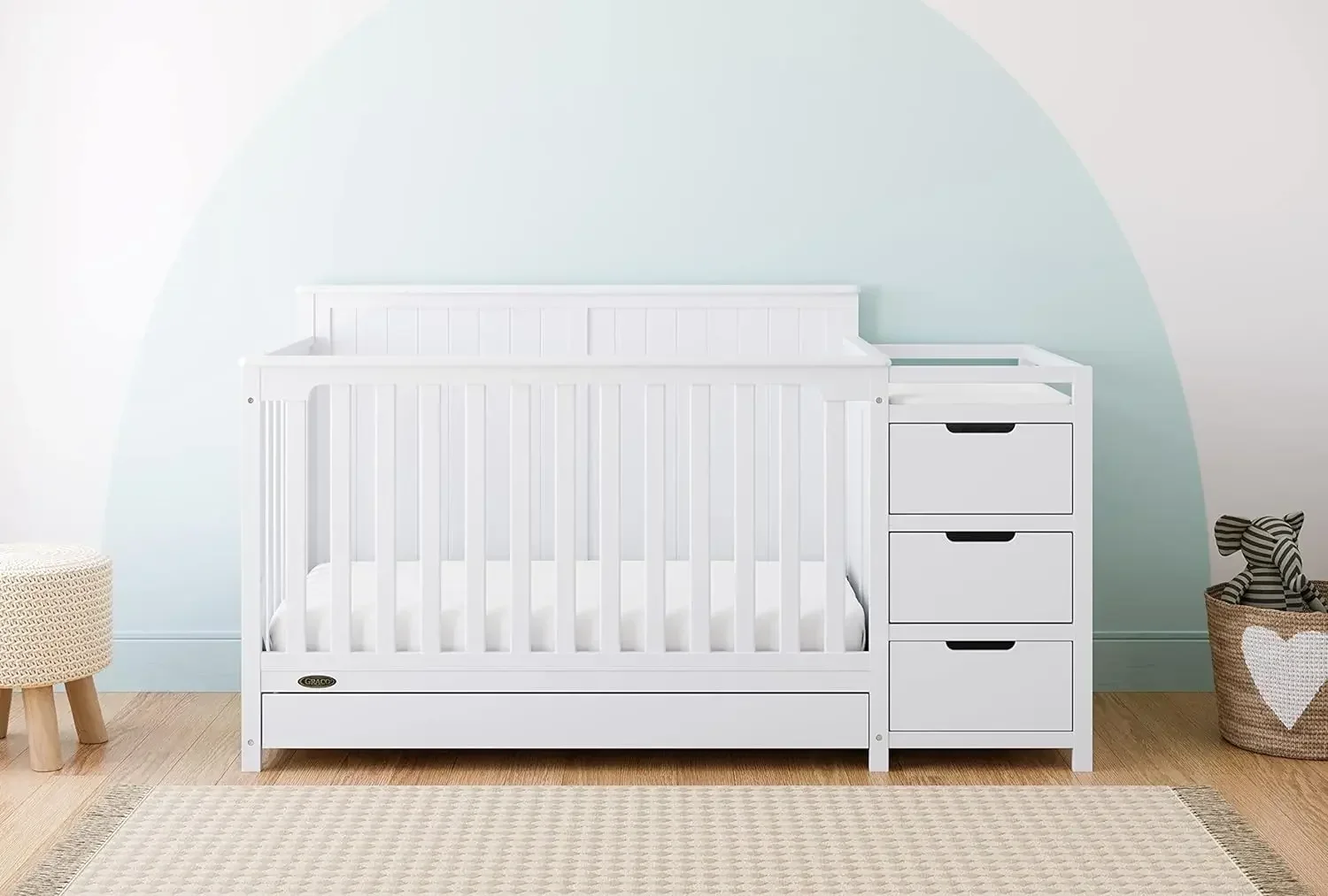 5-in-1 Convertible Crib and Changer with Drawer (White) – GREENGUARD Gold Certified, Crib and Changing Table Combo