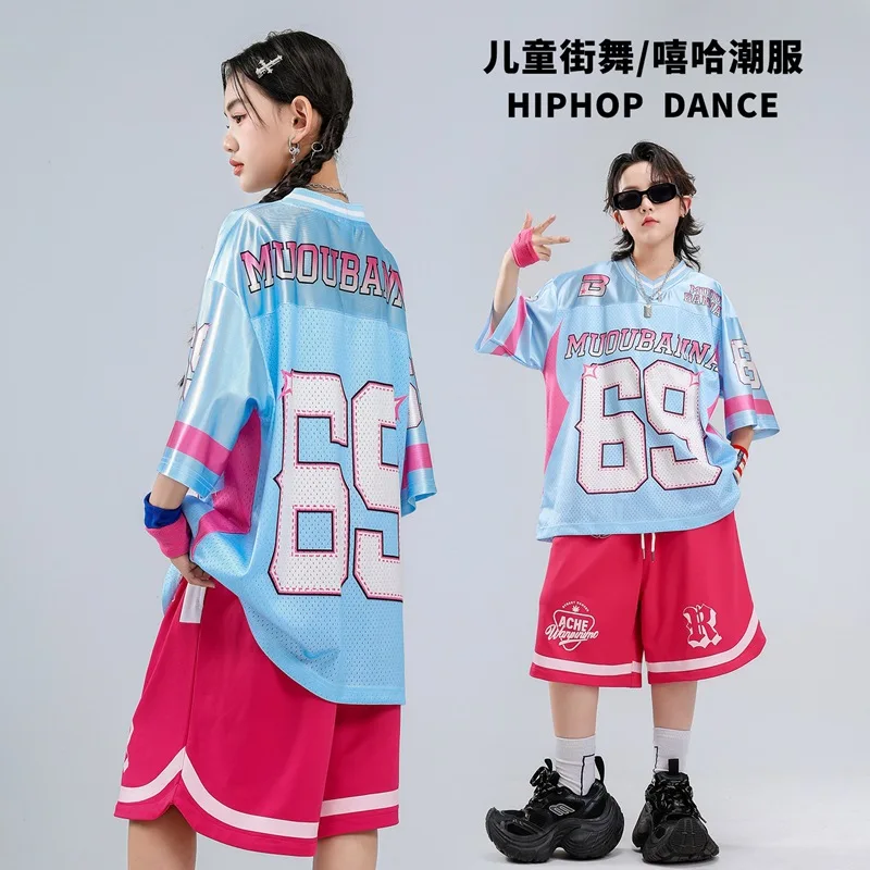 Kids Hip‑Hop Outfit Number Printed Jersey Shirt Contrast‑Color Sports Shorts Girls Boys Streetwear Costume For Jazz Dance Team