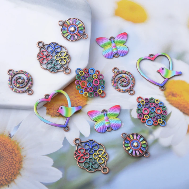 12 Stück Sommer-Legierungs-Vogel-Blumen-Verbindungsstück-Set, zwei Löcher, Herzanhänger, Schmuckzubehör, Boho-Anhänger, DIY-Halsketten- und Ohrring-Set für Damen – Detail 5