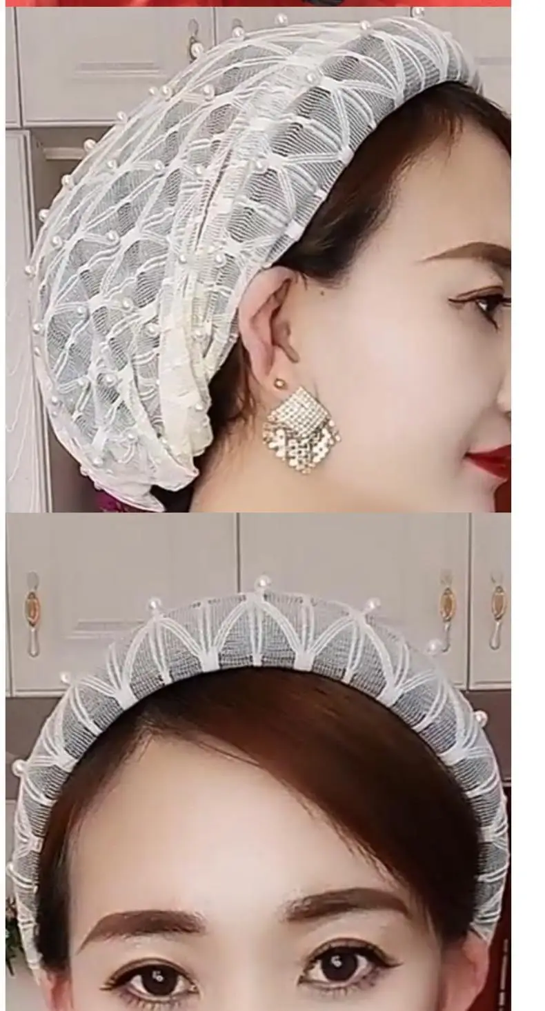 

Pearls Beading Lace Hijab Turban Chemo Cap Hat with Hair Band for Women Head Wraps Headband Muslim Headscarf Beanies Bonnet New