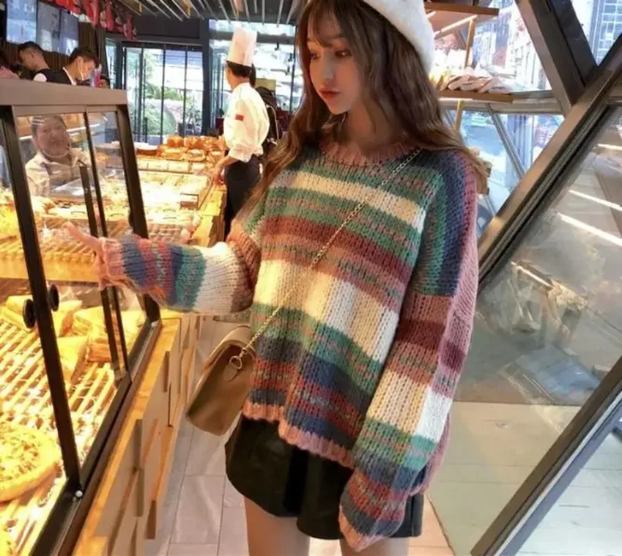 Spring Autumn New Sweet Rainbow Striped Thick Sweater Women Loose Lazy Wind Top Sweater Pullover Womens Sweaters