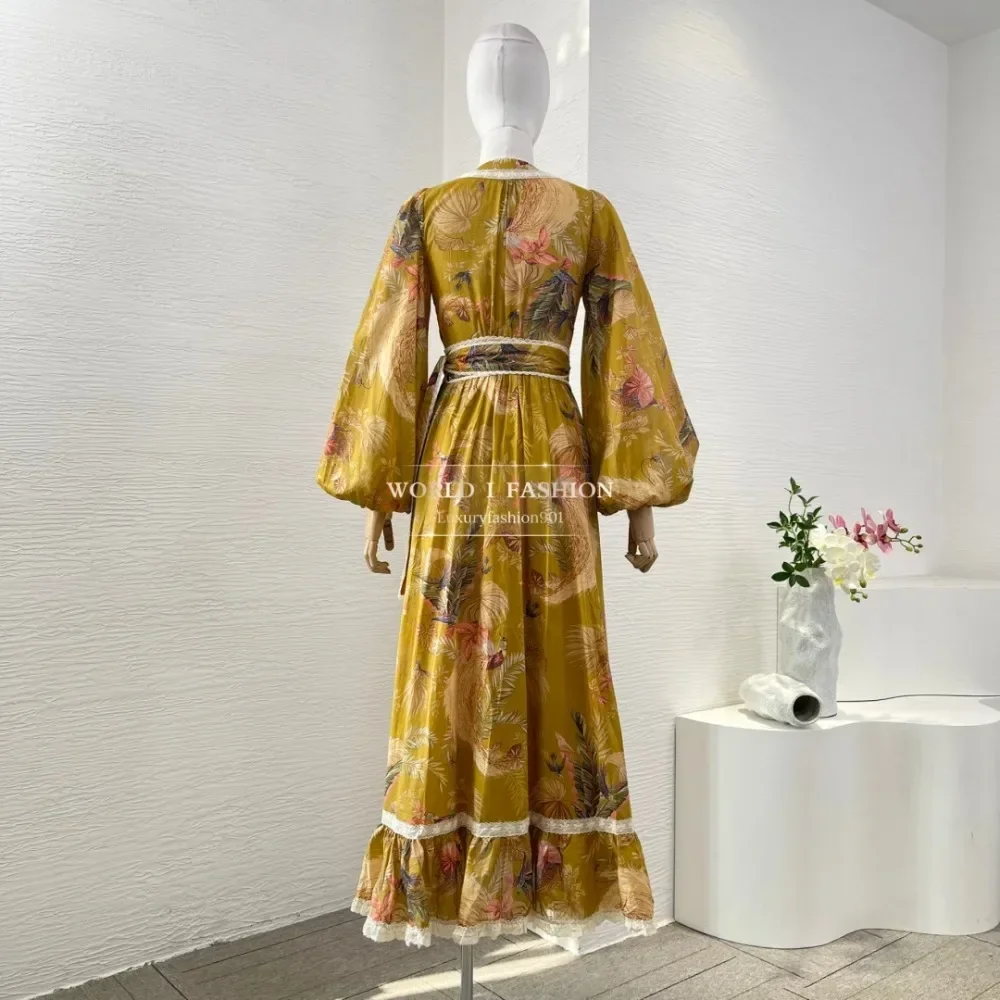

Pure Cotton High Quality Floral Print Long Lantern Sleeve Ruffles Lace Patchwork Women Wrap Midi Dress for Holiday