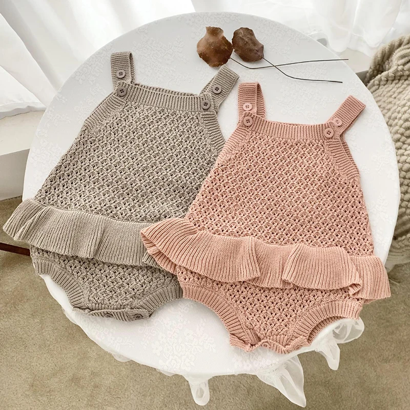 Baby Rompers Newborn Girl Sleeveless Jumpsuits Ruffled Sunsuits One Piece Infant Netural Solid Knitted Outfits Toddler Clothes