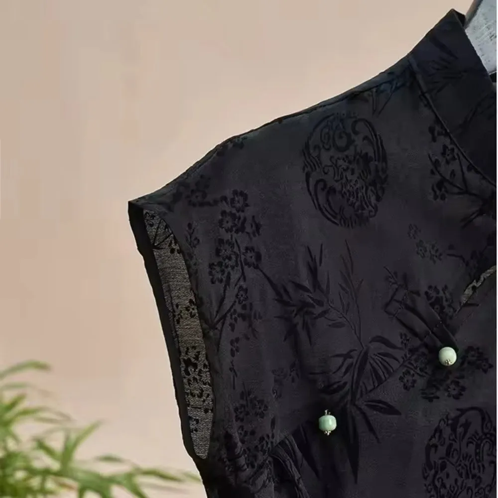 Thin Fabric Cheongsam T-Shirt Jacquard Weave Short Sleeve Slanting Lapel Top Summer Weight Black Color Black Jacquard Shirt