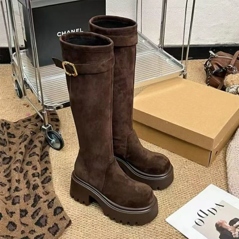 

Women Knee High Boots Platform High Heels Shoes Chunky Long Boots 2025 Winter Fashion Pumps Suede Chelsea Boots Mujer Zapatos