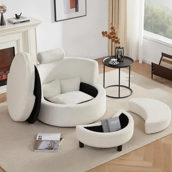 Image Swivel Chair with Half Moon Storage Ottoman, Round Oversized Swivel Barrel Chair with Base Storage for Living Room, 360°Modern S