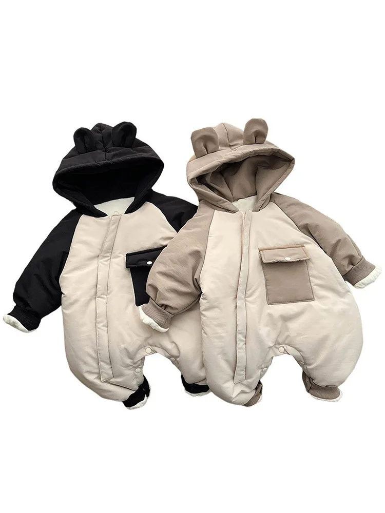 2025 Winter Neue Baby Plus Samt Starke Mit Kapuze Strampler Infant Junge Mädchen Zipper Overall Neugeborenen Kleinkind Patchwork Warme Kleidung