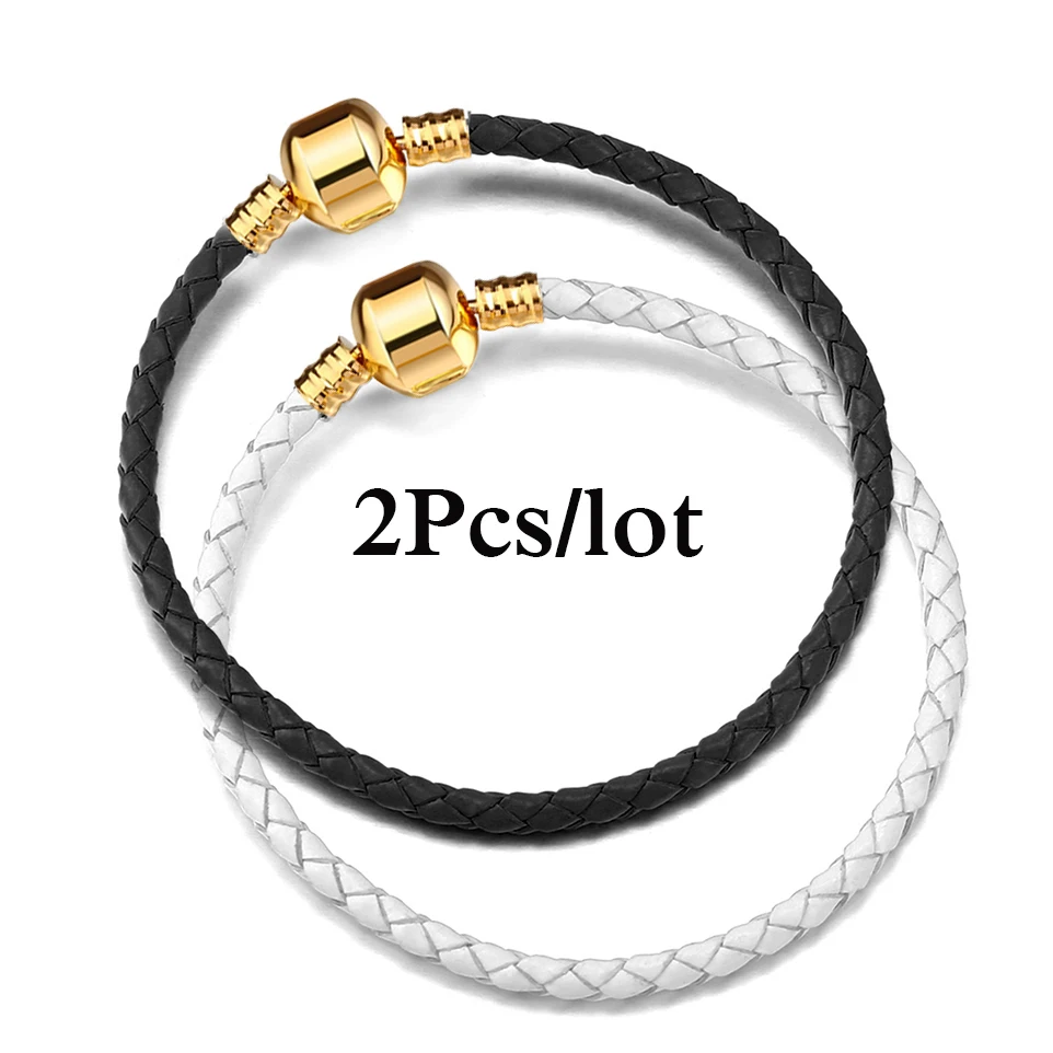 2Pcs/Lot Leather Chain Charms Bracelets Fit DIY Beads Mens Womens Bracelet Bangles Couples Pulsera Vintage Jewelry Bijoux Gifts