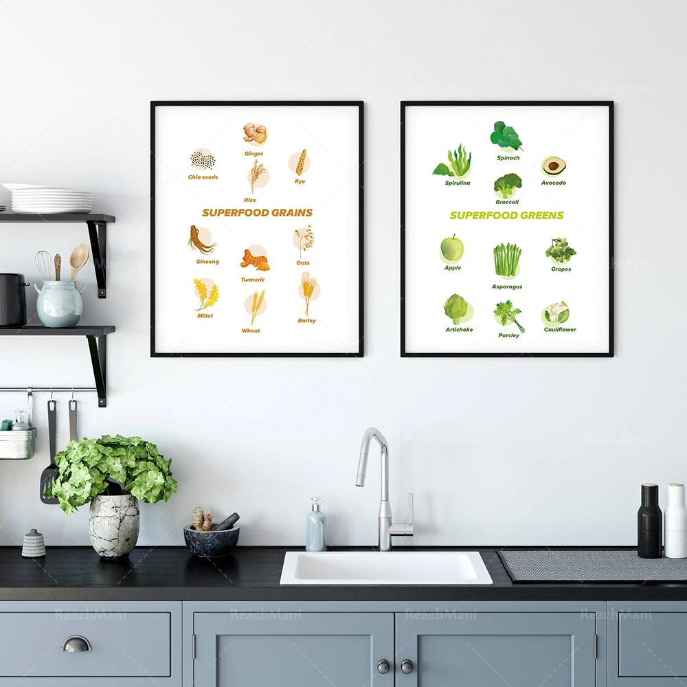 Póster de alimentos nutritivos: verduras y frutas coloridas, alimentos ricos en proteínas, semillas de chai, ginseng, cúrcuma, para una alimentación saludable