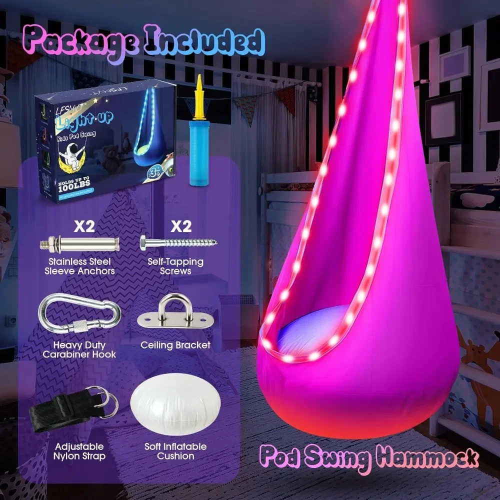 Light Up Kids Pod Swing Seat, Rede suspensa, Luzes LED, Cadeira de balanço sensorial com travesseiro inflável