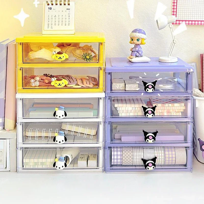 

Sanrio Kawaii Kuromi Desktop Acrylic Storage Box Pochacco Pom Pom Purin Anime Cartoon Ins Stationery Dormitory Desk Storage Rack