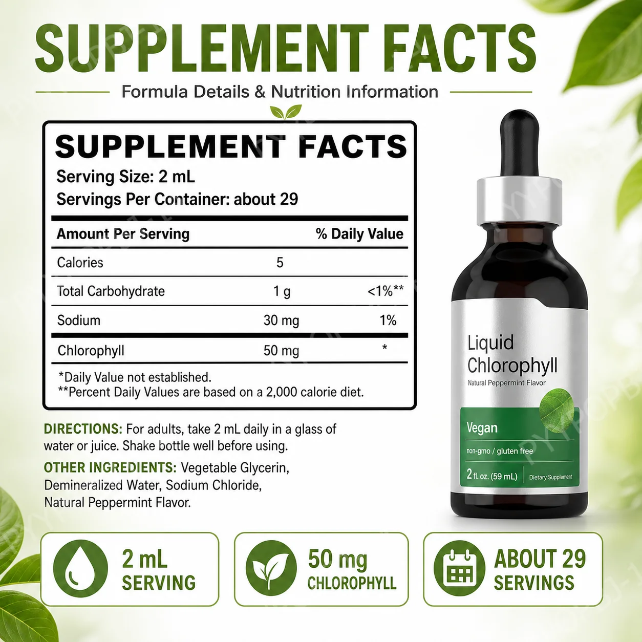 2 Fl Oz (59ml) Liquid Chlorophyll Drops 50mg Natural Peppermint Flavor Plant-Based Wellness Support Vegan Non-GMO Gluten Free