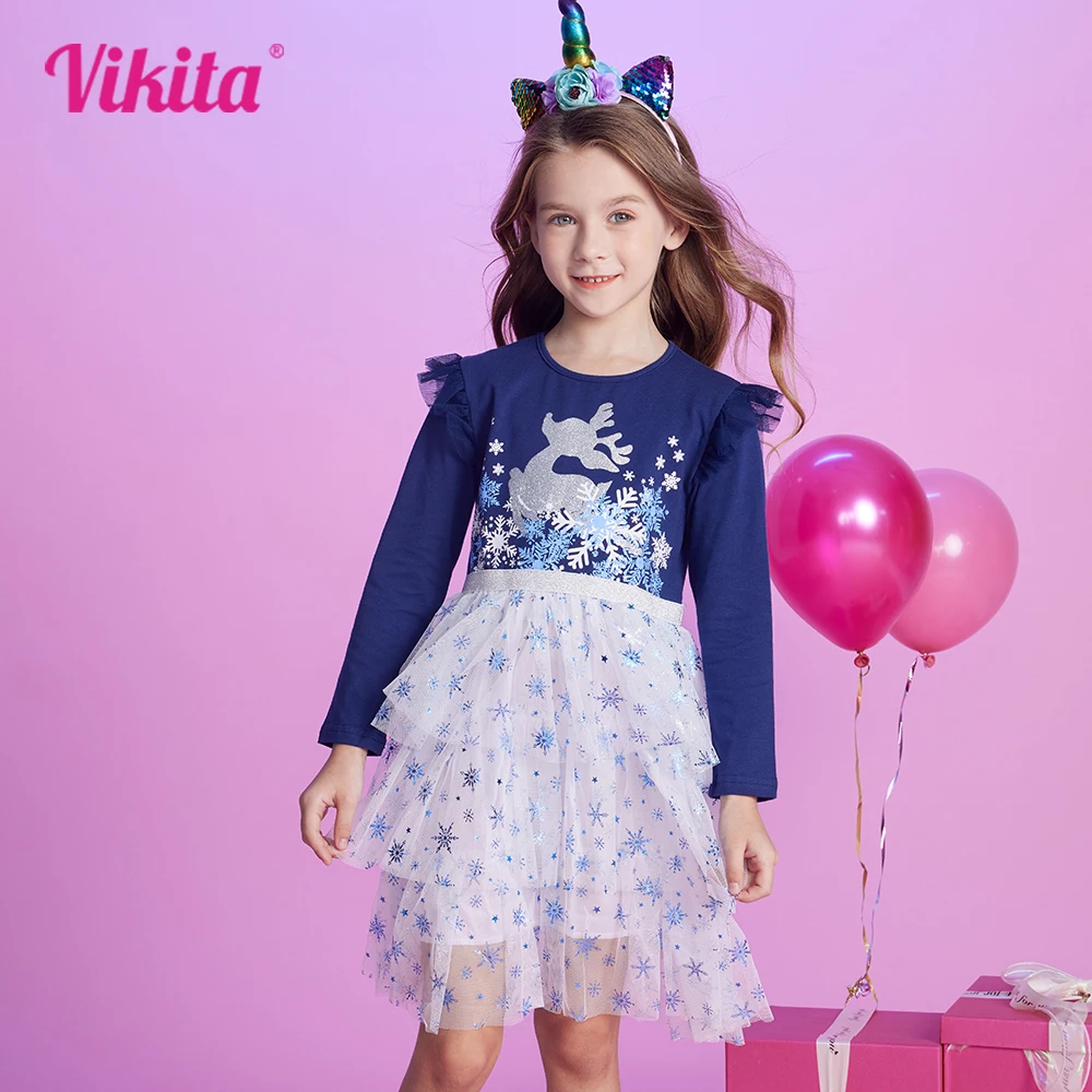 

VIKITA Girls Elk Snowflakes Dress Kids New Year Christmas Xmas Dresses Girls Mesh Tulle Tutu Long Sleeve Autumn Winter Dresses