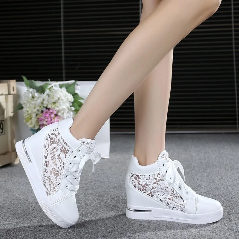 Summer Women\'s Lace Casual Breathable Mesh Sneakers White Flats Loafers High Heels Platform Wedges Ladies Creepers Shoes Fashion