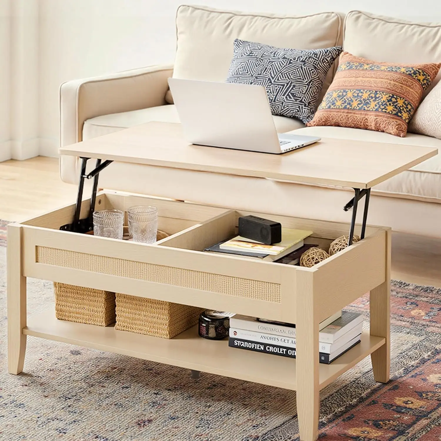 

Wood Lift Top Coffee Table with Hidden Compartment and Large Storage Shelf, Modern Rattan Dining, Customized